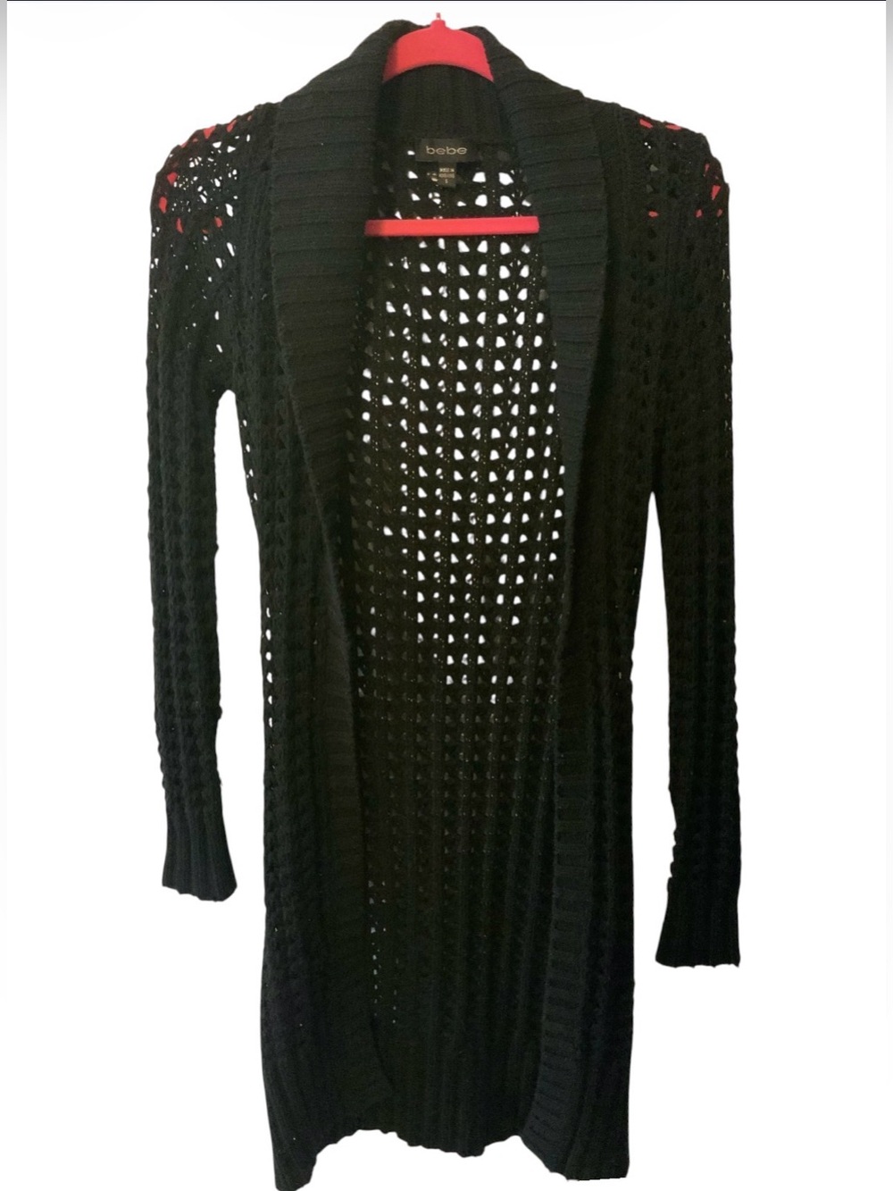 Y2K bebe Black Open-Weave Shawl Collar Long Cardigan